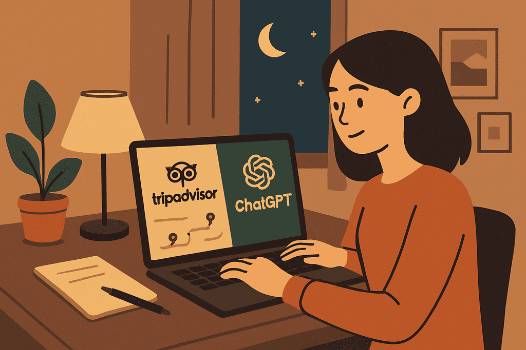 一位女性正坐在桌前使用筆記型電腦,螢幕上顯示了Tripadvisor和ChatGPT的標誌,桌上擺放著一個植物和一盞桌燈,窗外的夜晚星空讓人感到放鬆。這張圖片突顯了如何利用人工智能和網頁設計工具來經營網站。