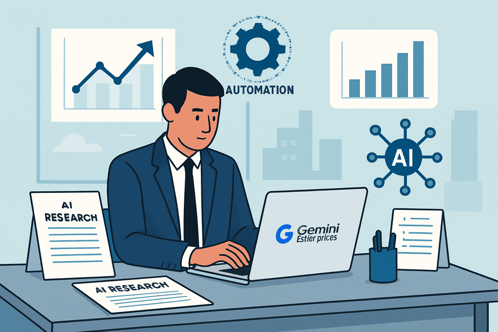 圖片展示一位身著西裝的專家正在進行人工智慧相關研究,桌上放著多份標示為「AI RESEARCH」的資料,背景中有多張顯示增長趨勢的圖表,顯示人工智能如何影響網站經營與數據分析。