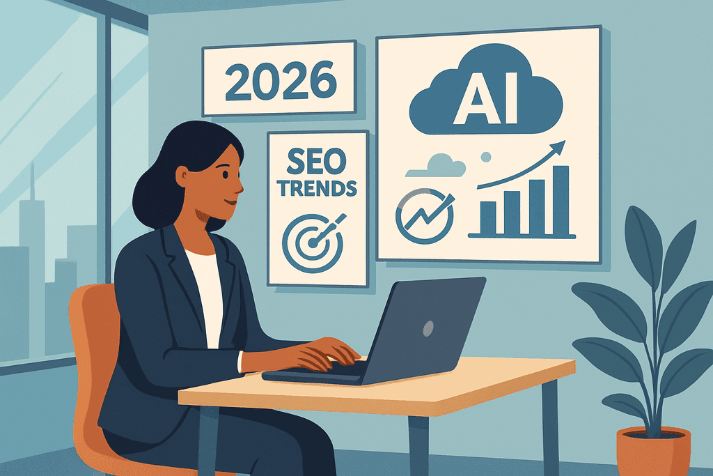 此圖片展示一名女性在現代辦公室內,使用電腦進行有關2026年的人工智慧與搜尋引擎優化趨勢分析。牆上掛著描繪AI成長曲線和SEO標靶的圖表,營造出專注的工作氛圍。