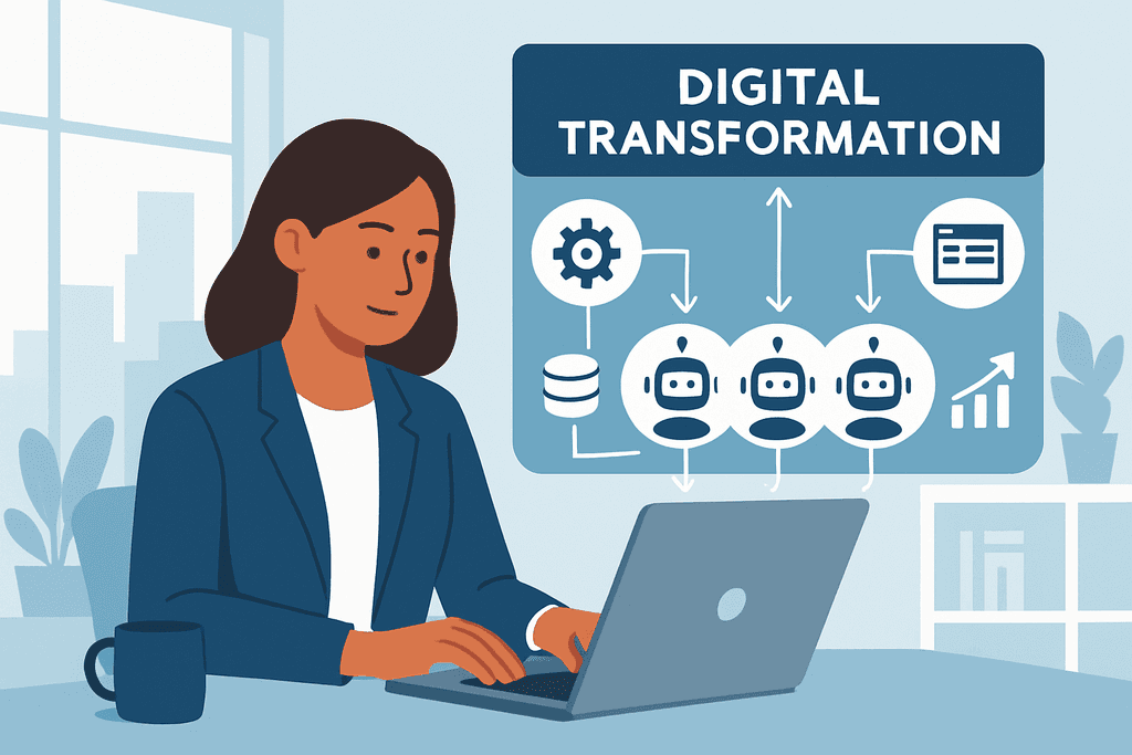 這張圖片展示一位正在使用筆記型電腦的專業女性,背景中有關於「數位轉型」的圖示,強調人工智慧在網站經營與網站架設上的重要性。