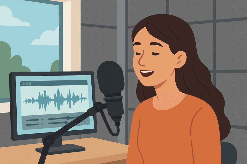 這張圖片展示一位女性正在錄音,旁邊有一台顯示音波圖的電腦,場景設在有窗戶的錄音室,彰顯使用人工智慧進行音訊處理的可能性,呼應網頁設計的應用。
