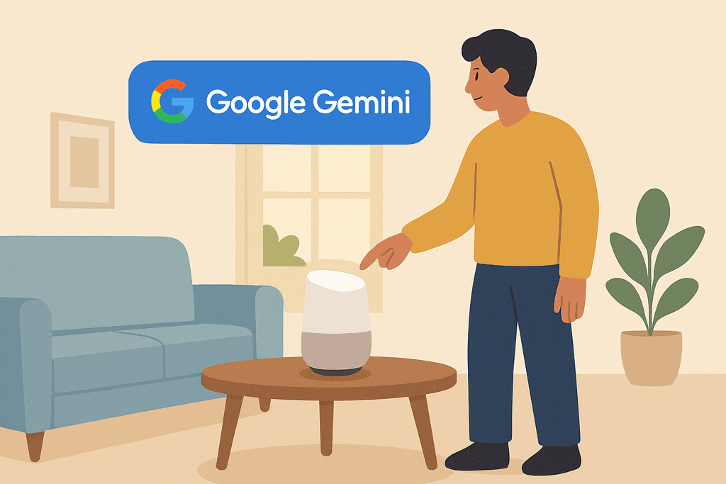 圖片中,一位男性站在客廳中,正伸手觸碰桌上的智能音響,這個設備運用人工智慧技術,幫助用戶進行各種操作,背景是簡約的沙發和窗戶,展現出現代家庭的舒適環境。