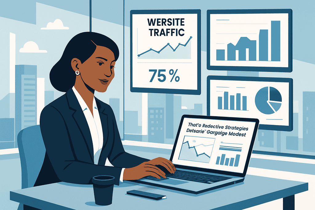 圖片顯示一位女性專業人士坐在辦公桌前,正專注於分析網站流量數據,電腦螢幕上顯示各種網站經營的相關統計圖表,強調人工智能在網頁設計與網站架設中的應用。