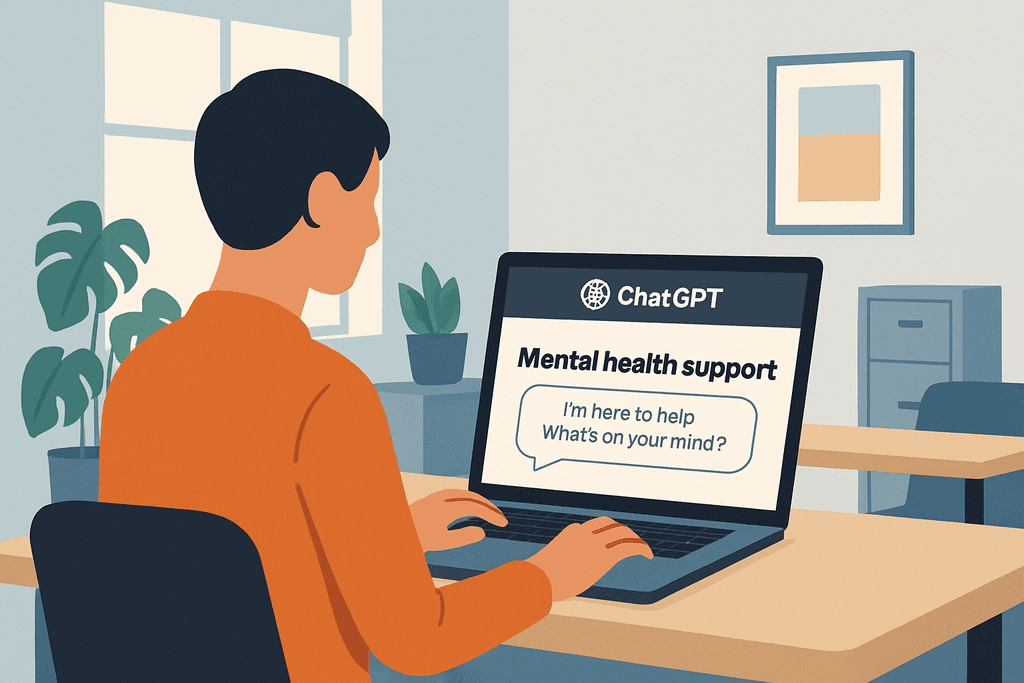 圖片中一位男性坐在桌前,使用筆記型電腦與ChatGPT進行互動,螢幕上顯示「心理健康支援」的字樣,背景有綠色植物與舒適的居家環境,展示人工智慧在心理健康方面的應用。