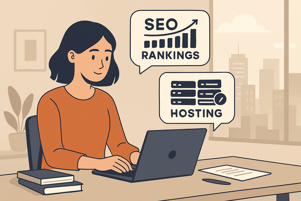 圖片展示一位女性正專注於筆記本電腦,螢幕上顯示與網站經營相關的「SEO排名」和「網站主機」的字詞,背景是明亮的辦公室場景,讓人感受到專業的網站架設氛圍。