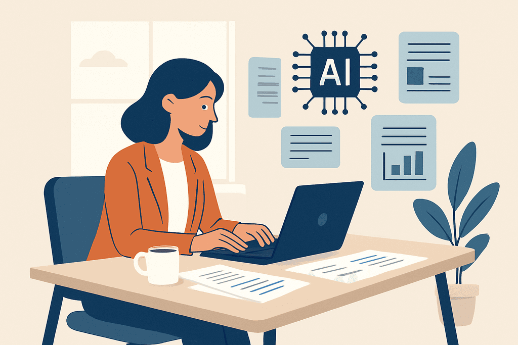 圖片展示一位女性在舒適的辦公環境中使用筆記型電腦,身旁的桌面上放著幾份文件及一杯熱飲。牆上有關於人工智慧(AI)的資訊圖,顯示出她正在進行與人工智能相關的網站經營或網頁設計工作,呈現出專注的工作氛圍。