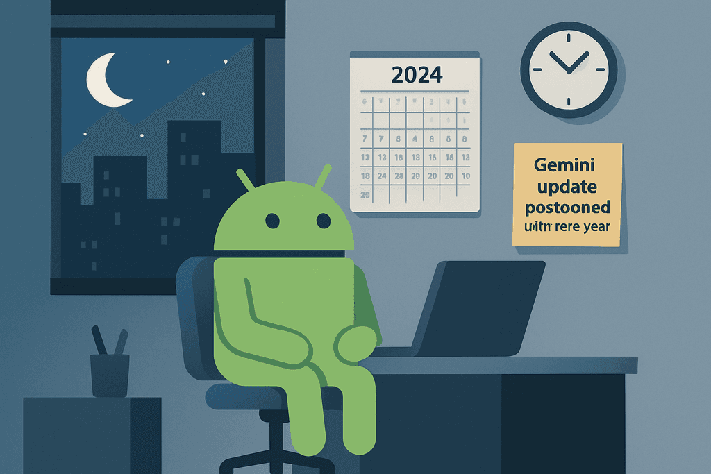 這張圖片展示了一個身穿綠色的人工智慧角色,坐在辦公桌前面,背景是一扇窗戶可以看到夜空明月,桌上有一台電腦與一些文具。旁邊的牆上掛著一個2024年的日曆,並且貼著一張公告,內容談及Gemini更新延遲的消息。