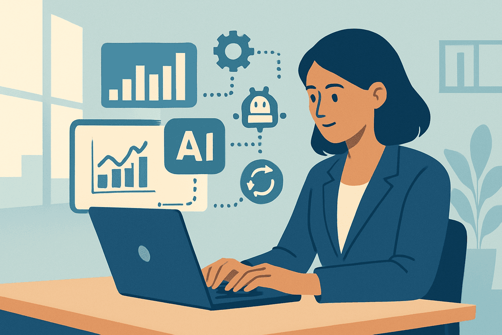 這張圖片展示一位女性專業人士坐在辦公桌旁,使用筆記型電腦進行人工智慧(AI)相關的網站經營工作。螢幕上顯示出圖表和圖形,象徵著網站架設與數據分析的過程。