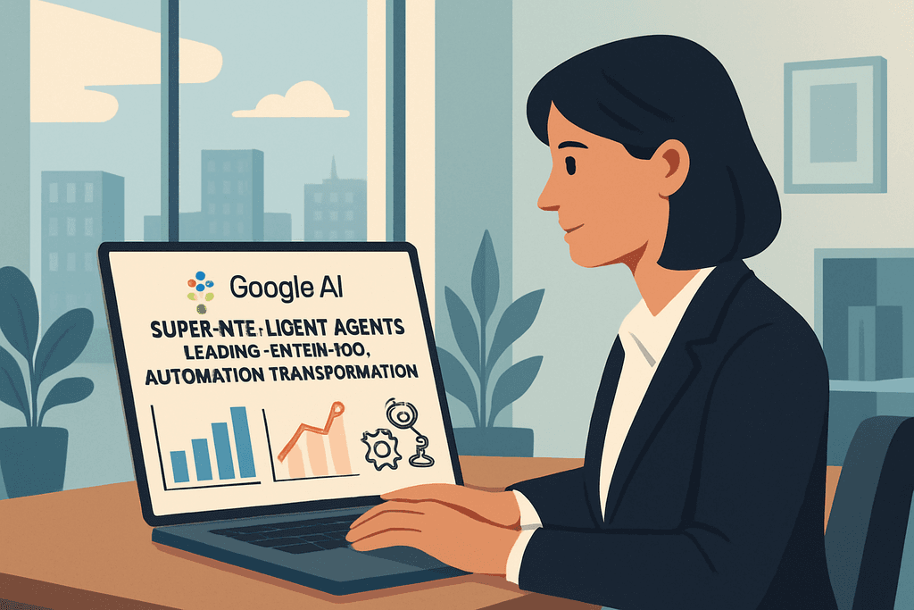 一位專業女性坐在辦公室中,專注於筆記型電腦螢幕,畫面上顯示著關於人工智慧和自動化的圖表,展示了企業如何運用AI進行網站經營與架設。