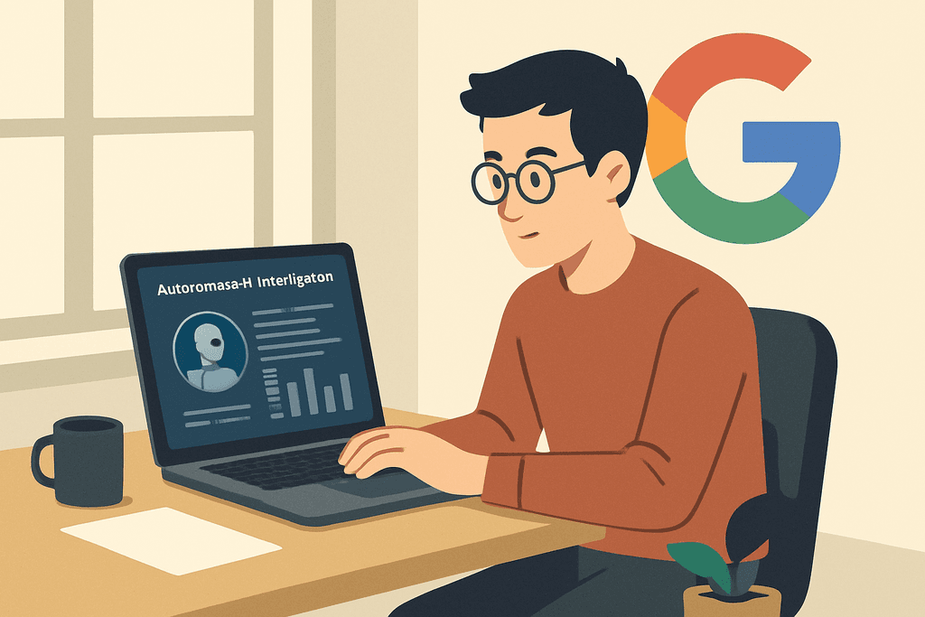 一位正在使用筆記型電腦的年輕人,他的螢幕顯示與人工智慧相關的數據分析,背景是Google的標誌,強調了AI在網站經營中的重要性。