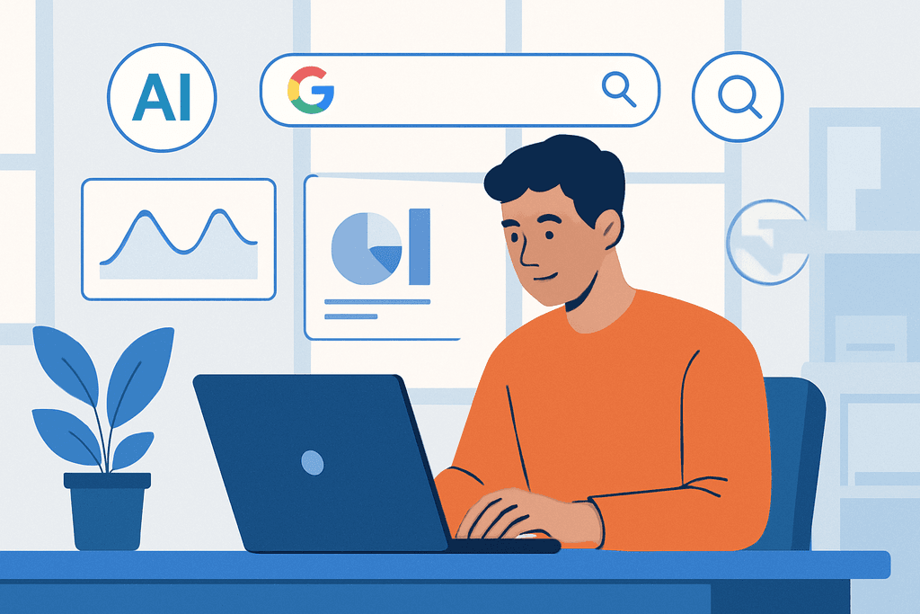 這張圖片顯示一位年輕男性正在使用電腦查看與人工智慧(AI)相關的數據分析,他的桌上有一盆綠植,背景則是圖表與搜尋框等元素,彰顯網站經營與網頁設計的重要性。