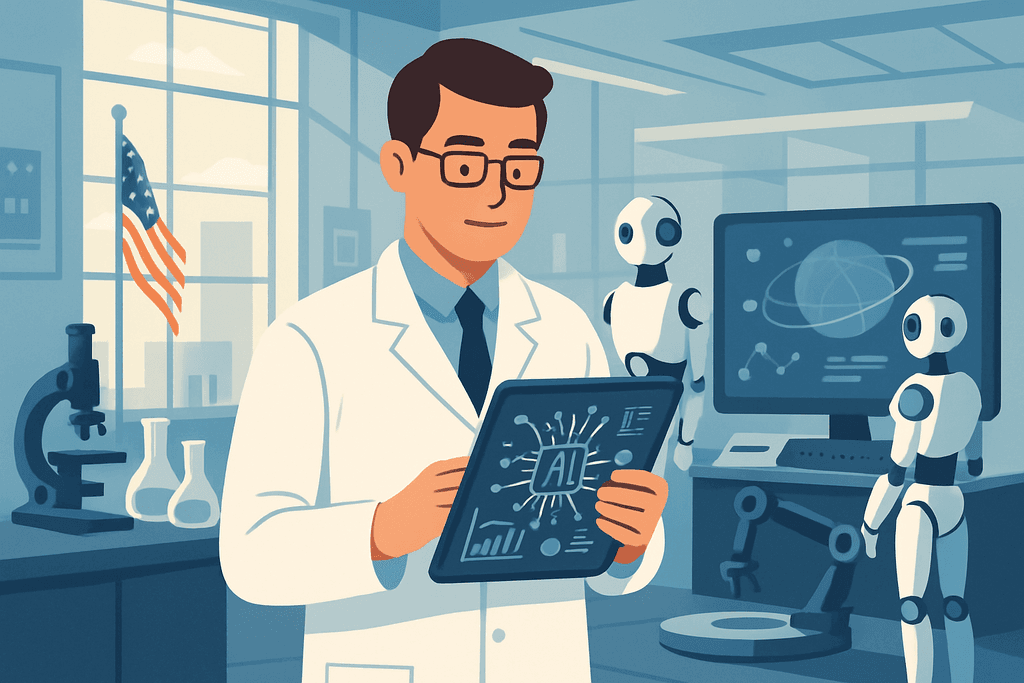 在一間研究實驗室中,一位穿著白袍的科學家正在查看平板電腦上的人工智慧資料,背後有兩具機器人和一台展示數據的電腦螢幕,牆上還懸掛著美國國旗,呈現出人工智能的研究環境。