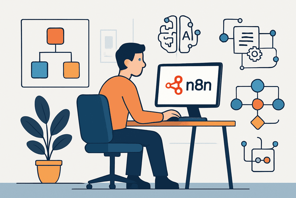 一名男性正在使用電腦進行人工智慧相關的工作,螢幕上顯示著與AI運作流程有關的圖示,旁邊的牆上掛著流程圖。這幅圖展示了人工智能在網站經營和網頁設計中的應用場景。