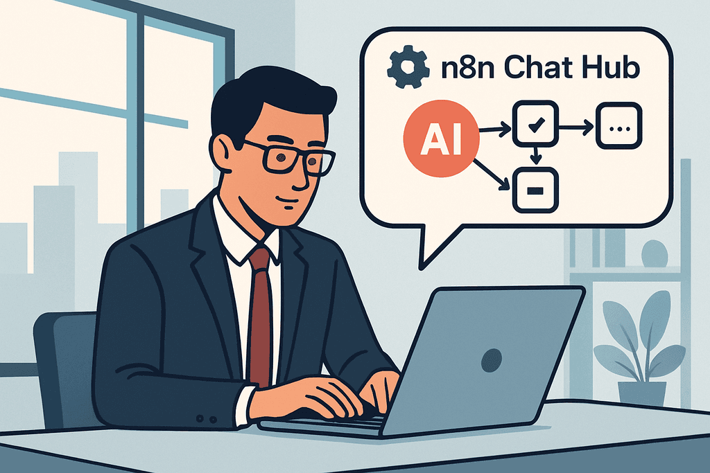 圖中一位男性正坐在辦公室內,專注於筆記型電腦前,螢幕顯示的對話框中提及「AI」及「n8n Chat Hub」,顯示出人工智慧在網站經營中的應用。窗外可見城市輪廓,代表現代化的工作環境。