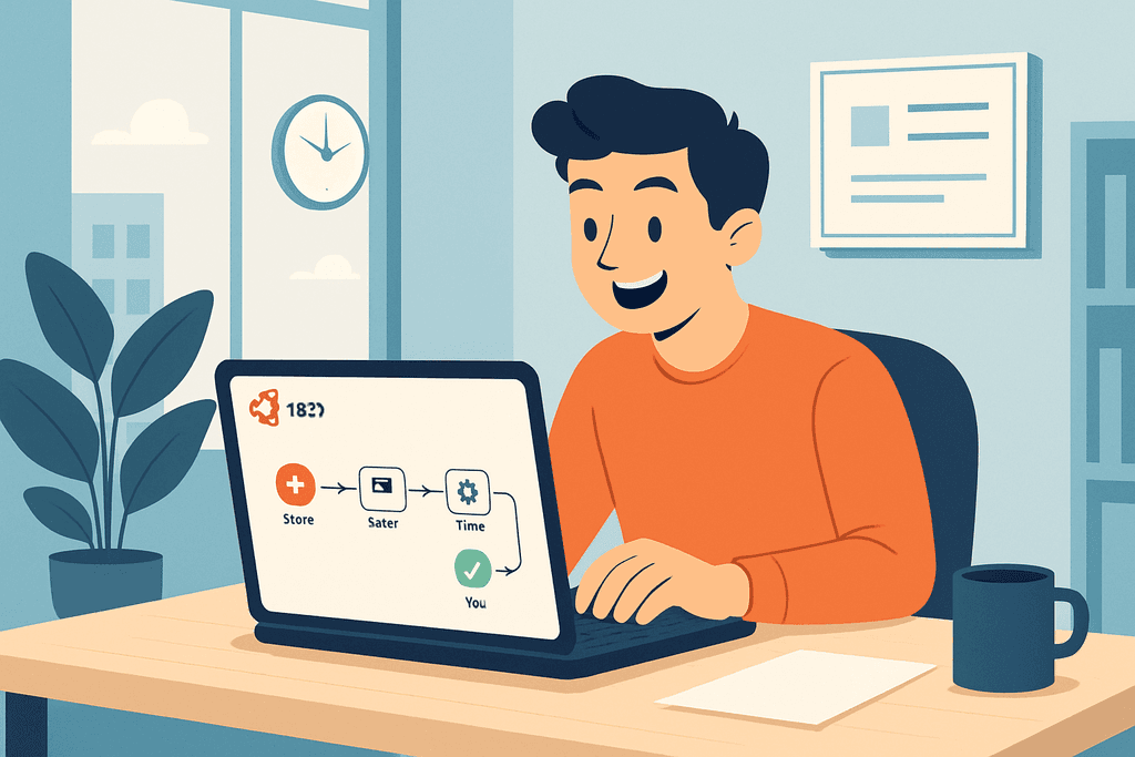 圖片顯示一名年輕男士在辦公室使用筆記型電腦,螢幕上顯示有關人工智慧和網站經營的流程圖,周圍環境明亮且具現代感,適合與人工智能相關的工作場景。