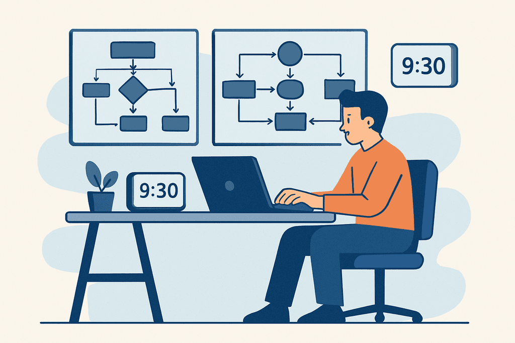 這張圖片展示了一位男士正在桌前使用筆記型電腦,桌上有時鐘和植物,背景牆上掛著流程圖,顯示人工智慧的工作流程和網站經營的相關概念。