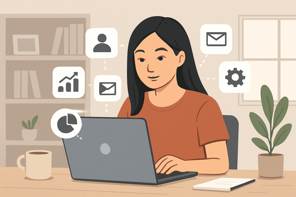 這張圖片顯示一位女性專注於電腦螢幕,周圍有與人工智慧和網站經營相關的圖示,包含數據分析、電子郵件和設定選項。這情景展現了在數位時代中,人工智能在網頁設計和網站架設過程中的重要性。