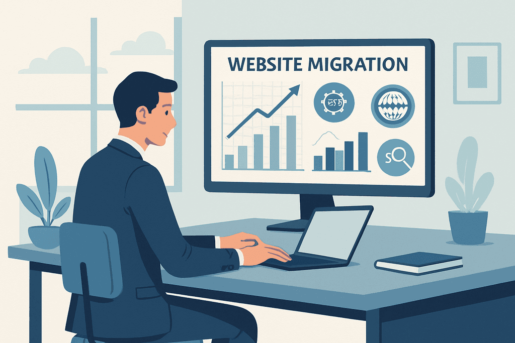 一位身著商務西裝的男性坐在辦公桌前,專注地查看顯示器上關於網站遷移的數據圖表,顯示出流量增長和其他關鍵指標,周圍環境簡約而現代,桌上有筆記本與植物,突顯了人工智慧在網站經營中的重要性。