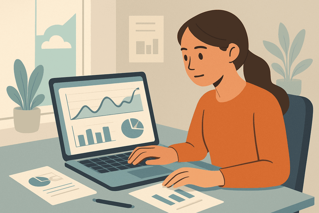 圖片顯示一位女性正在使用筆記型電腦分析網站經營數據,螢幕上顯示著各種圖表與數據,代表人工智慧在網站架設和網頁設計中的應用。