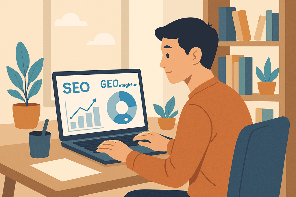 一名男子坐在桌前,專注地使用筆記型電腦進行網站經營,螢幕上顯示有關SEO和數據分析的圖表,周圍擺放著綠色植物,環境顯得舒適且專業。