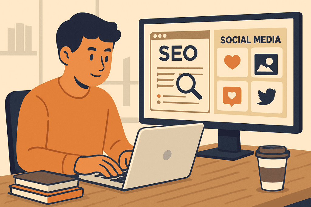 一位年輕男子坐在桌前,專注於筆記型電腦,螢幕上顯示SEO和社群媒體圖示,桌面上還有幾本書和咖啡杯,場景充分彰顯網站經營中的人工智慧運用。