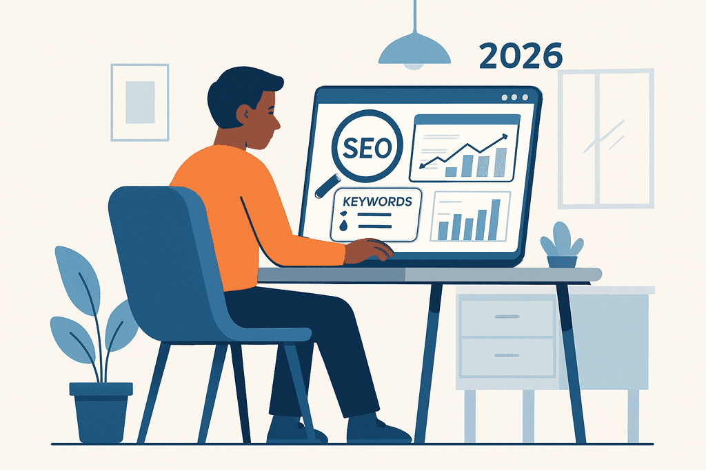 一位男子坐在桌前,專注於他的電腦螢幕,螢幕上顯示著網站經營的SEO數據和關鍵字分析圖表。周圍環境簡約舒適,適合進行網頁設計與人工智慧相關的工作。