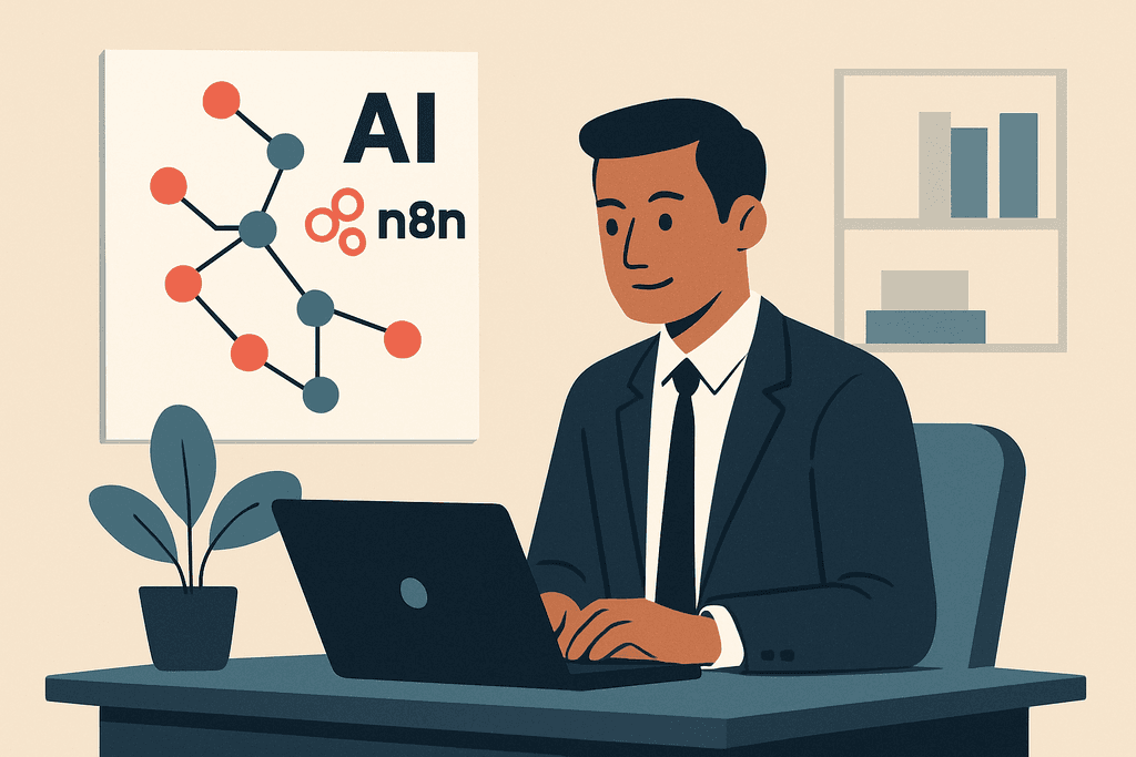 一位穿著正式西裝的男子坐在桌前,專注地使用筆記型電腦,背後的牆上貼著顯示「AI」的圖示,代表著人工智慧的應用與探索。