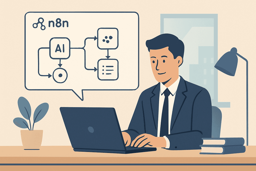 此圖片展示一位穿著西裝的男性,正在電腦前專注於操作,螢幕上顯示與人工智慧(AI)相關的流程圖及數據分析,背景是一個現代化的辦公空間,整體氛圍專業且現代。