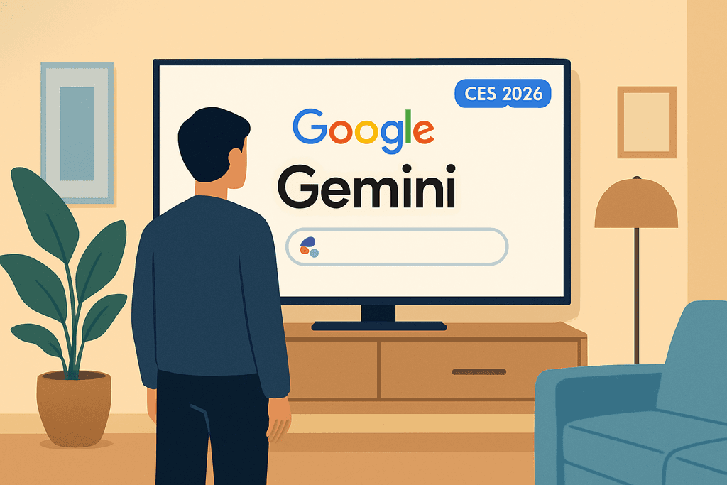 圖片顯示一位男性正站在客廳中,注視著電視螢幕上的Google Gemini介面,這是一個展示人工智慧的網站使用情境,顯示出新一代人工智能技術的應用。