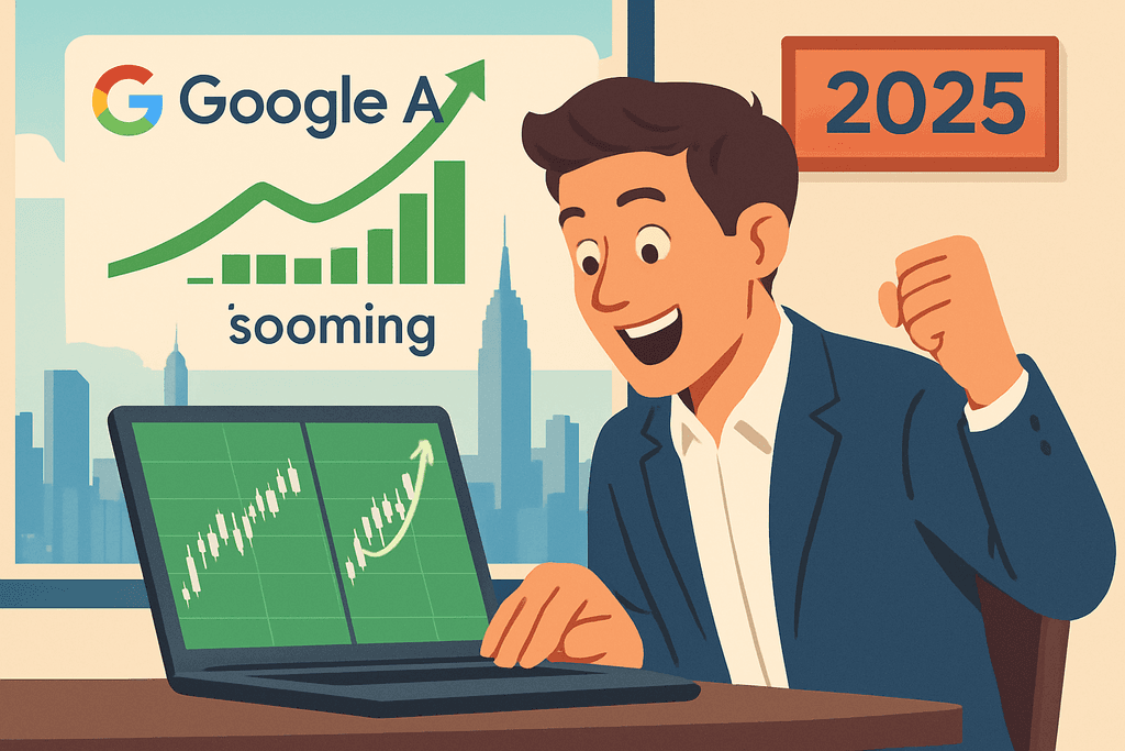 圖片中一位男子在辦公室內查看電腦螢幕,面帶笑容,手勢表示興奮。螢幕上顯示著數據曲線圖,顯示著與人工智慧和網站經營相關的成長趨勢,背景有標示「Google」的圖形與2025年標誌,反映出AI在網站架設與設計中的重要性。