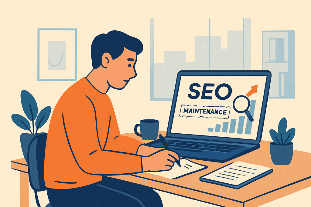 一位男性在工作桌前專注於筆記,同時電腦螢幕顯示有關SEO維護的資訊,桌上擺放著一杯咖啡與幾份文件,背景是明亮的窗戶與室內植物,整體氛圍輕鬆,顯示出在使用人工智慧進行網站經營的情境。