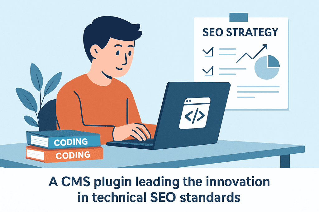 圖片顯示一名男性正在使用電腦進行網站經營的工作,螢幕上顯示著SEO策略的圖表,桌上放著兩本標題為「CODING」的書籍,暗示著網站架設和網頁設計相關的內容。