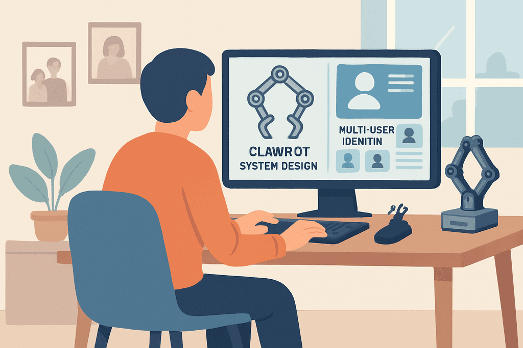 一名男性坐在桌前,專注於顯示「CLAWROT系統設計」的電腦螢幕,周圍有桌上植物和桌面擺設,顯示出他正在使用人工智慧進行網站架設的界面。