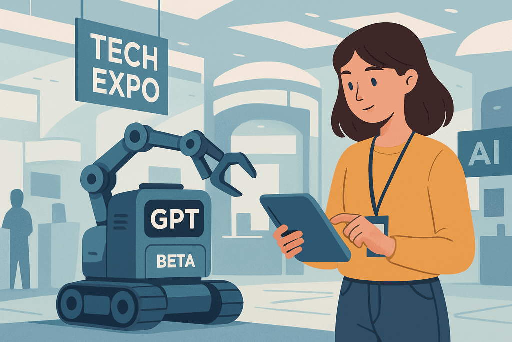 在科技展上,一位女性參觀者手持平板電腦,附近有一台標示「GPT BETA」的人工智能機器人,展示最新的人工智慧技術,展現現代網頁設計與網站經營的趨勢。