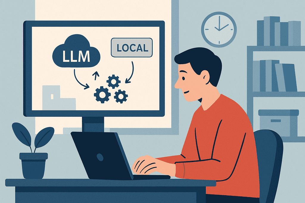 圖片顯示一位年輕男性坐在桌前,專注地使用筆記型電腦,螢幕上顯示與人工智慧及本地伺服器相關的圖形,呈現出人工智能如何整合於網站經營與網頁設計中。
