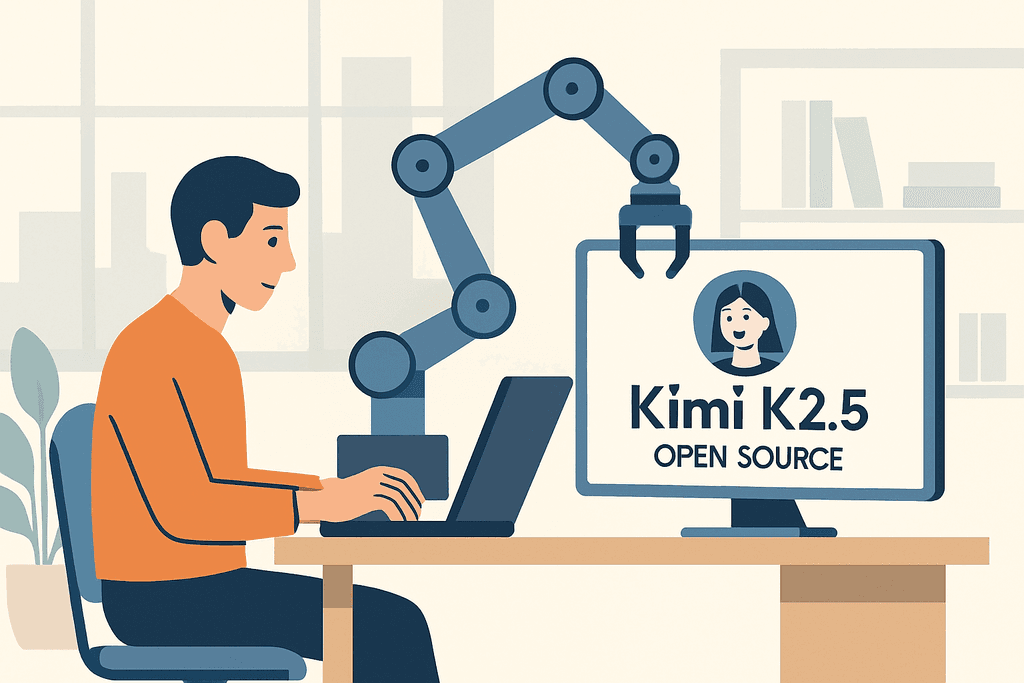 圖片顯示一名男性在辦公室中使用電腦,旁邊是一隻人工智慧機器手臂,正在協助操作。電腦螢幕上顯示“Kimi K2.5 OPEN SOURCE”的資訊,展示了網站經營及人工智慧的結合。
