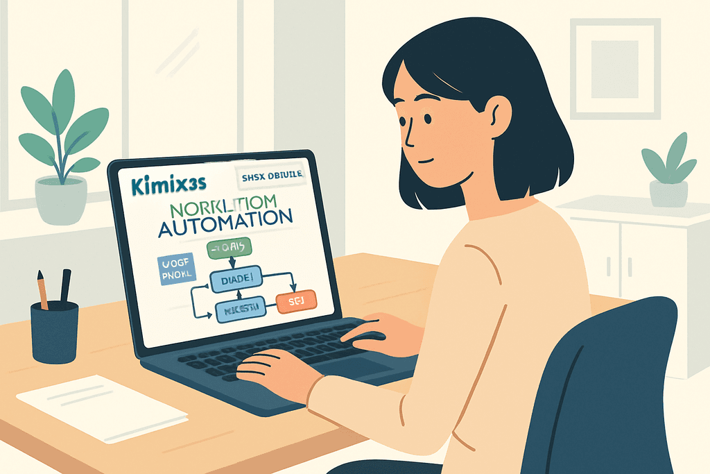 這張圖片展示一名女性正坐在桌前使用筆記型電腦,螢幕上顯示與人工智慧和自動化相關的網站架設內容,她專注地進行網頁設計,周圍環境簡約,桌上有一支筆和一份文件,背景有綠色植物,營造出清新的工作氛圍。