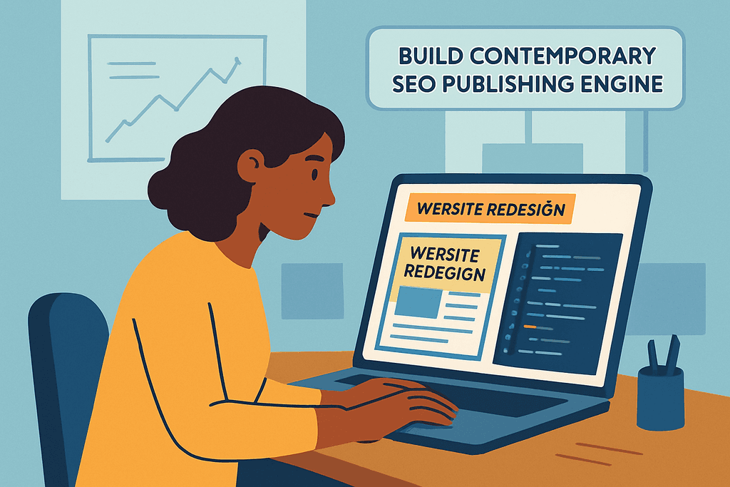 一位女性正在電腦前進行網站重設的設計,螢幕上顯示有關人工智慧的內容與網頁設計元素,牆上有成長的數據圖表,展現網站經營的關鍵指標。