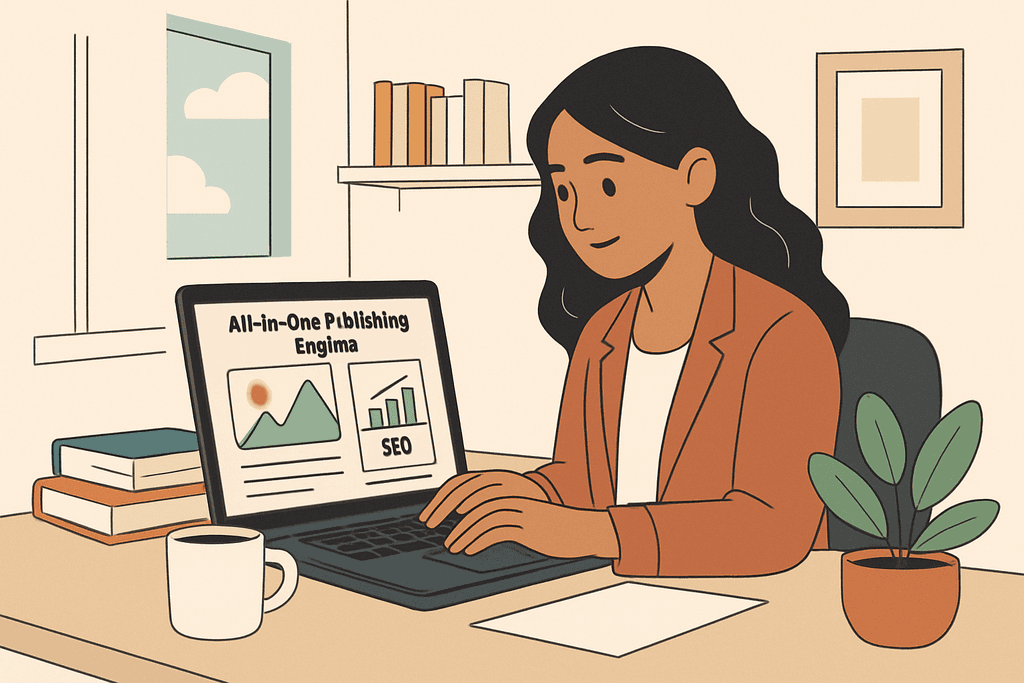 在明亮的辦公室裡,一位女性正坐在桌前使用筆記型電腦進行網站經營。螢幕上顯示一個與「SEO」和「全方位出版」相關的網頁設計,桌上放有幾本書和一杯咖啡,窗外可見藍天白雲,增添了輕鬆的工作氛圍。