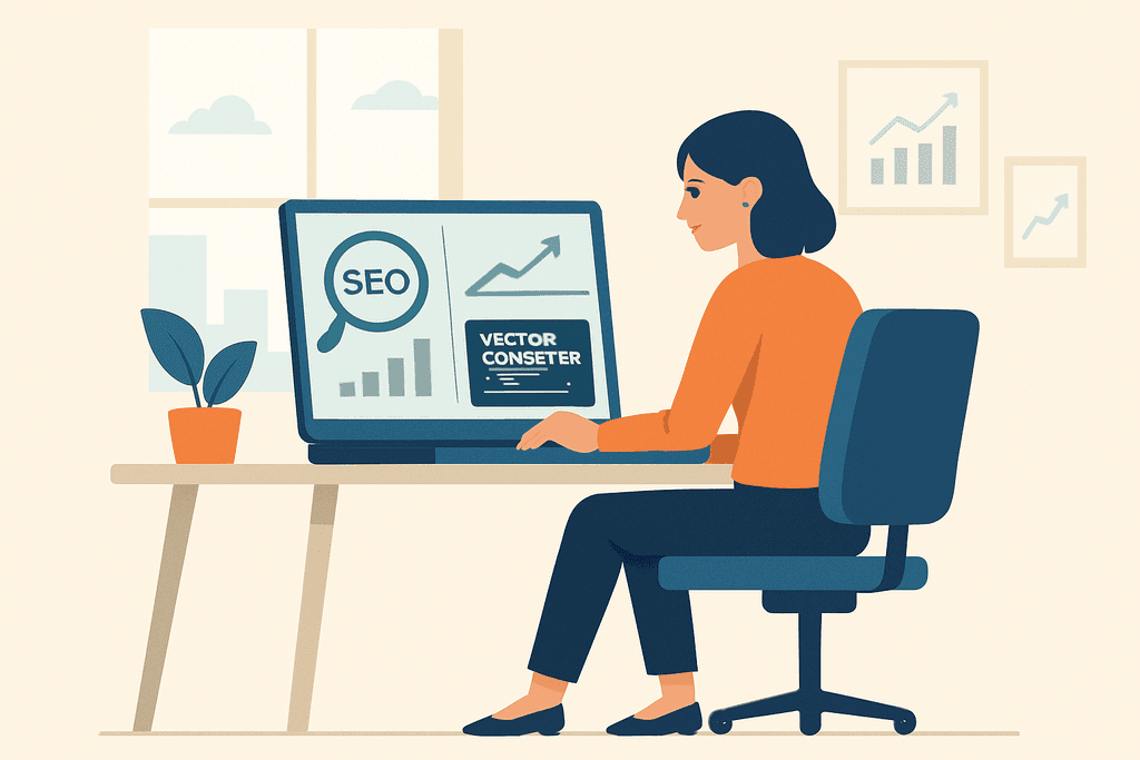 這幅插圖展示一位女性在工作桌前專注於電腦螢幕,螢幕上顯示著關於SEO的數據圖表與趨勢,桌上還擺放著一盆綠色植物,整體空間明亮舒適,搭配人工智慧的網站經營概念。