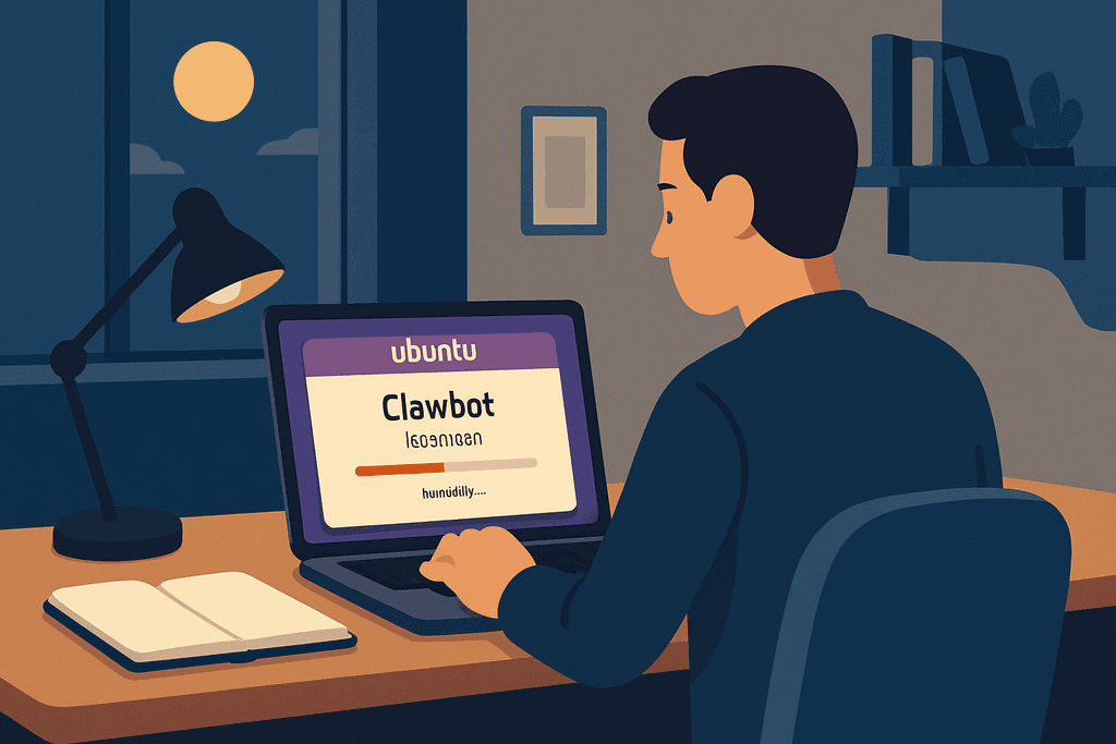 一位男士坐在桌前,專注地操作電腦裡的Ubuntu系統,螢幕上顯示著關於Clawbot的程式介面,桌上擺著一本筆記本和桌燈,背景有著夜晚的窗外景色,這幅圖片展現了人工智慧在網站經營中的應用與重要性。