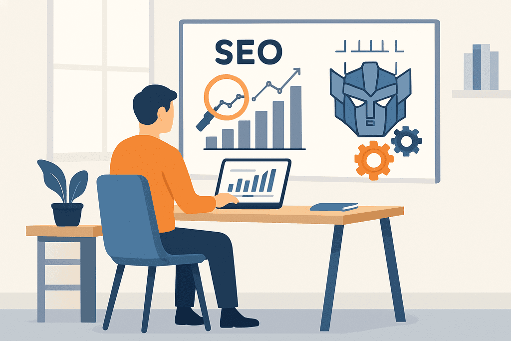 圖片展示一名男子坐在書桌前,專注於他面前的筆記型電腦,顯示著有關SEO和數據分析的圖表。牆上有關於SEO成長的圖示,並有機械人設計元素象徵人工智慧的應用,周圍環境整潔且有一盆綠色植物,使整體氛圍專業而現代。