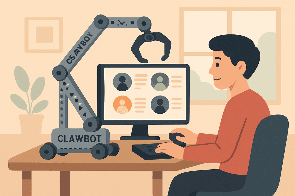 一位青少年坐在桌子前,面對著電腦螢幕,旁邊有一個名為CLAWBOT的機器手臂,正在協助操作。這幅圖片展示了人工智慧在網站經營與人工智能應用上的可能性,讓人感受到科技的便捷。