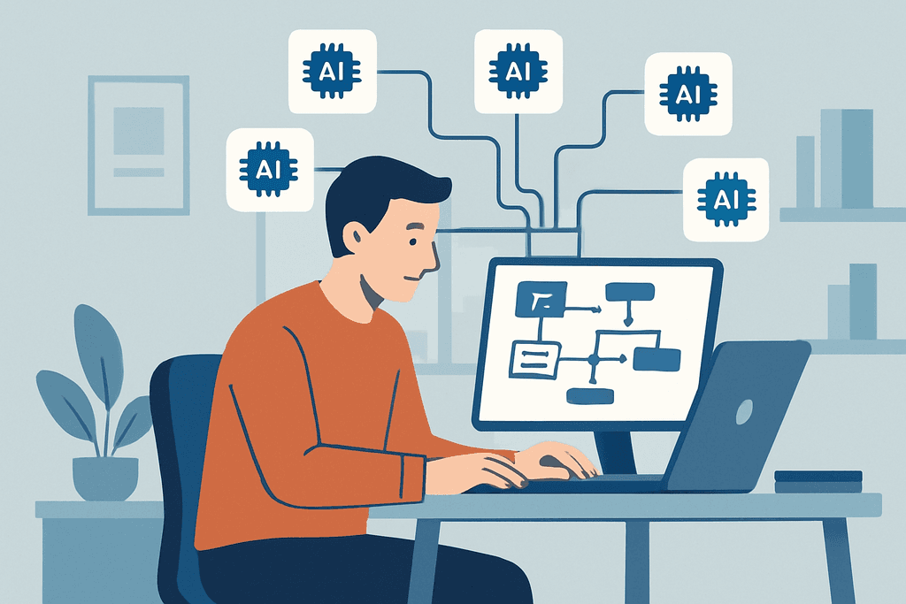 這張圖片展示了一位專注於電腦螢幕的男士,周圍有多個顯示“AI”的圖示,象徵著人工智慧的運用,場景中包含了一棵植物和簡約的辦公環境,該圖片反映了當前人工智能在網站經營和網頁設計中的重要性。