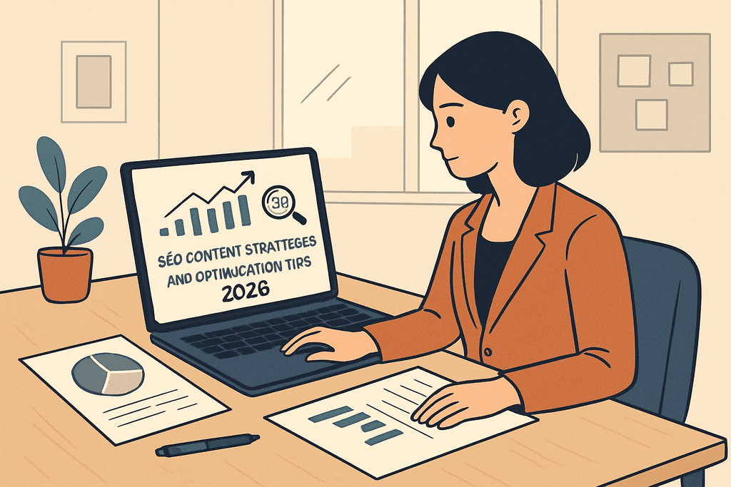 一位專業女性正在電腦前專注於網站經營的SEO內容策略,螢幕顯示著2026年的優化建議,桌面上有完整的報告文件和圓餅圖,展現了人工智能在網頁設計中的應用。