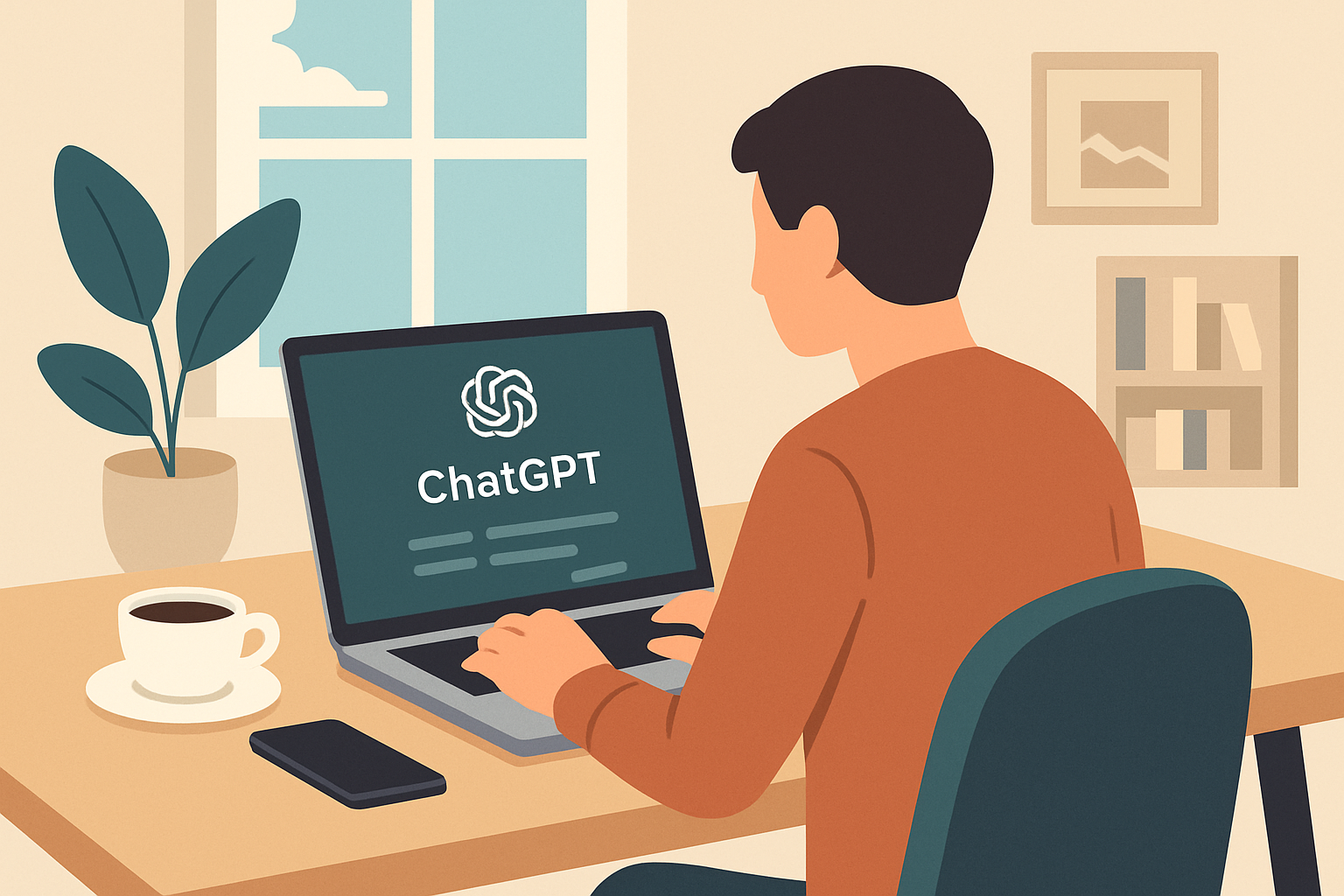 男子在家中桌前使用電腦，螢幕顯示ChatGPT，突顯AI融入日常生活和遠端辦公