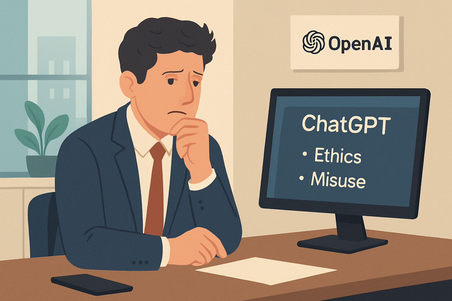 一位西裝男士在辦公室思考，螢幕顯示ChatGPT、道德與濫用問題。