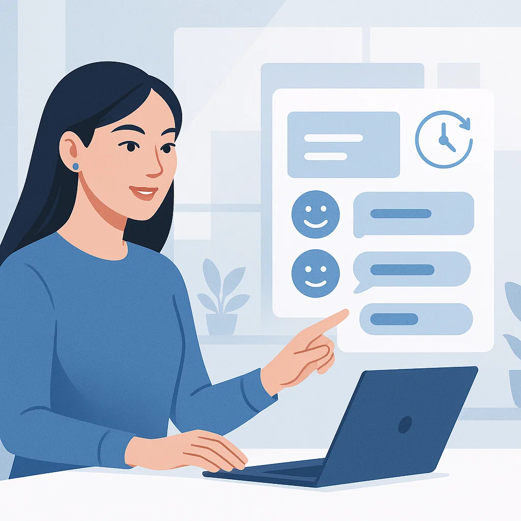 女性用戶操作筆電與AI聊天機器人互動，展現社群行銷應用