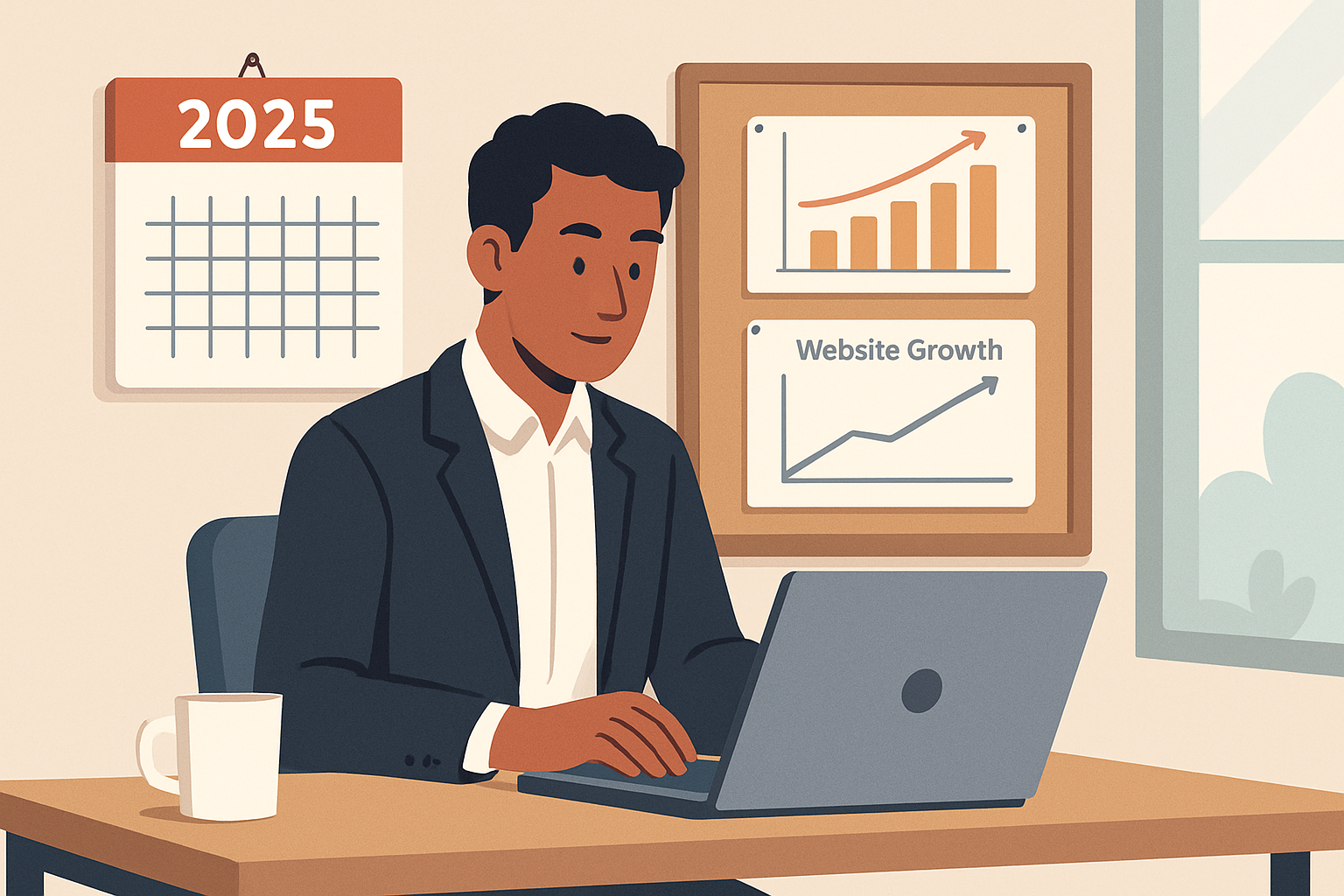 一位穿著西裝的男子坐在辦公桌前，正在使用筆記型電腦專注於網站經營的分析，桌上有一杯咖啡以及2025年的日曆，背景牆上的圖表顯示網站成長的趨勢，清晰展現了人工智慧在網站經營中的應用。