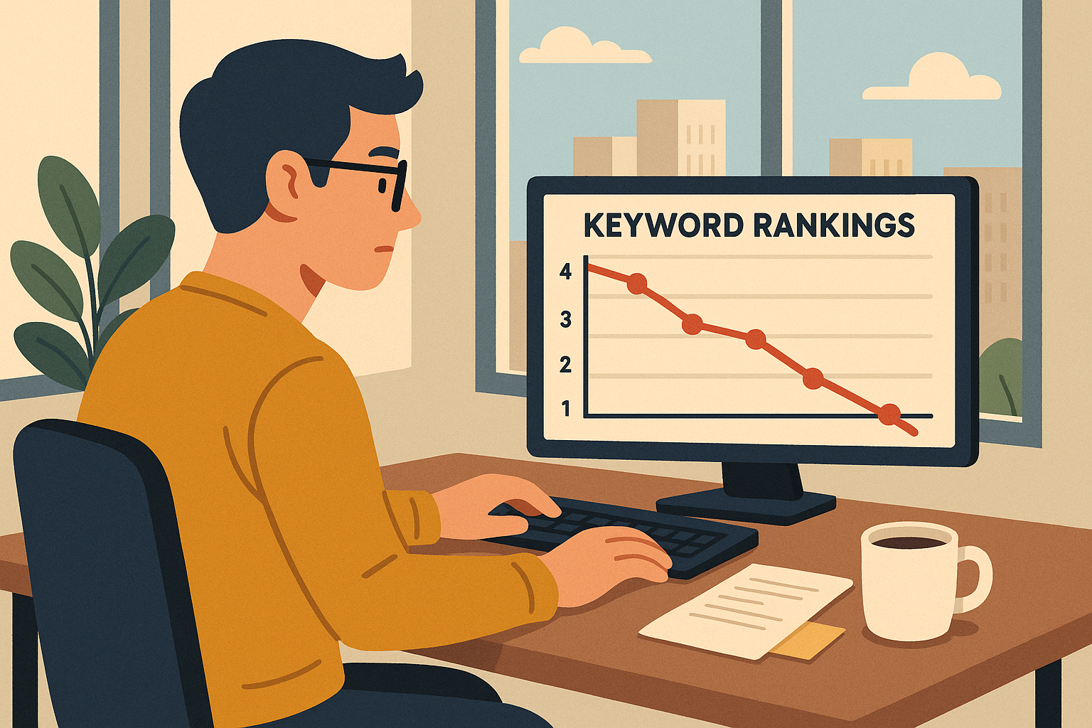 關鍵字排名趨勢圖，數字逐漸下滑